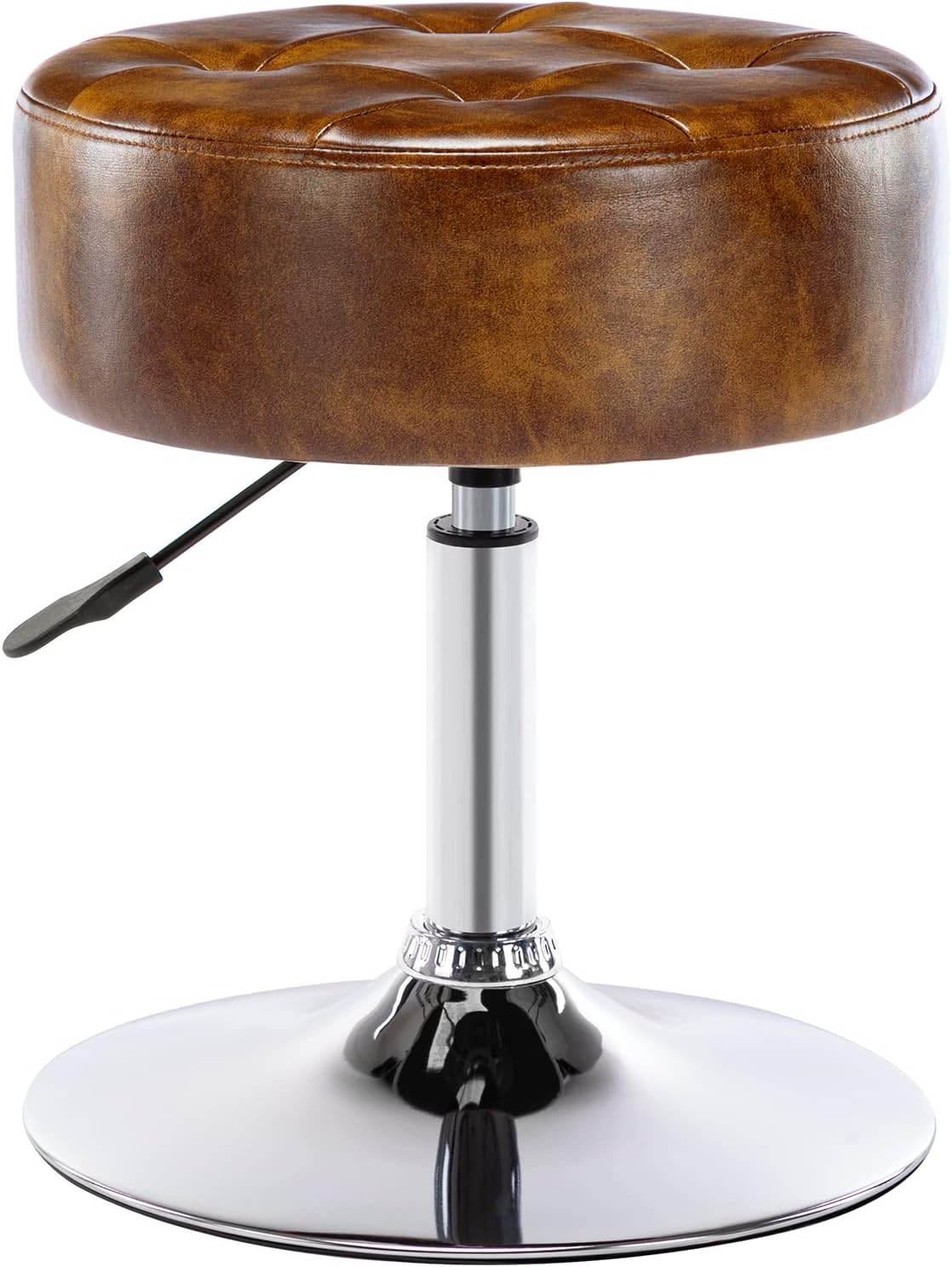 Faux Leather Vanity Chair, Swivel Makeup Stool Living Room Chair Upholstered Round Ottoman Stool Chair for Bedroom Entryway, Yellowish Brown