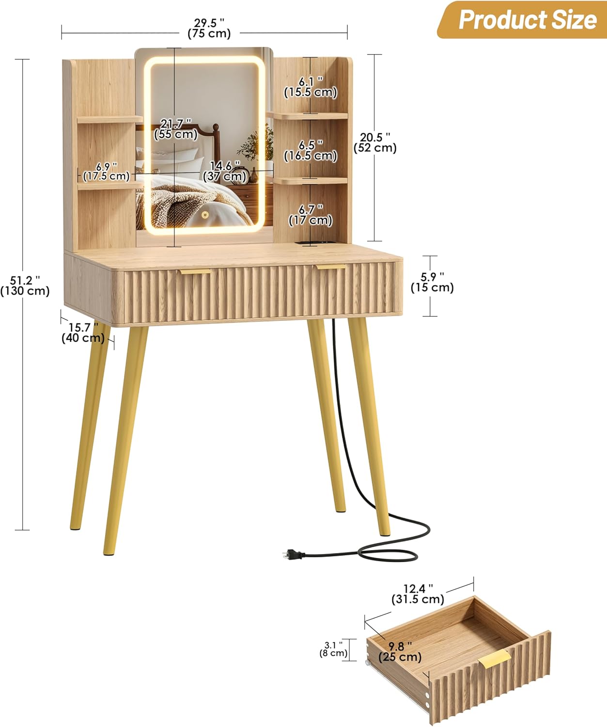 29.5" Small Makeup Vanity with LED Light Mirror, Fluted Vanity Table with 2 Drawer & 4 Open Storage Shelf, 3 Light Modes and Adjustable Brightness, Dressing Table for Bedroom,Natural Oak - Image 2