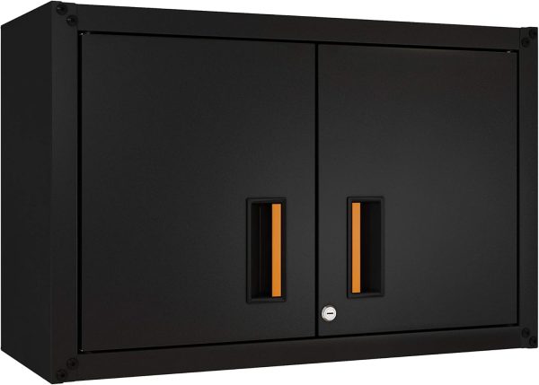 Ready-to-Assemble Floating Garage Storage Cabinet - Wall Mount Garage Cabinet w/Lockable 2 Doors, 44 lbs Shelf Capacity, Removable Shelf, Small Steel Metal Cabinet(Black)