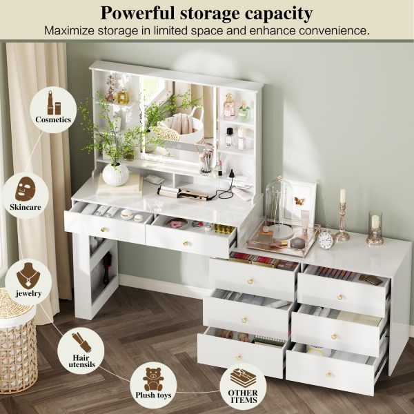 Makeup Vanity Desk with Mirror and Lights, Vanity Desk with 8 Drawers & Storage Shelves, Vanity Table with Power Outlet, 3 Color Modes & Adjustable Brightness Dressing Table, Bedroom,White - Image 2