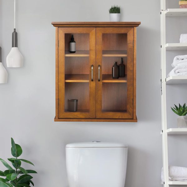 Wooden Over The Toilet Bathroom Removable Wall Medicine Cabinet with 2 Adjustable Shelves 3 Storage Spaces 2 Glass-Paneled Doors and Antique Brass Knobs, Oiled Oak - Image 2
