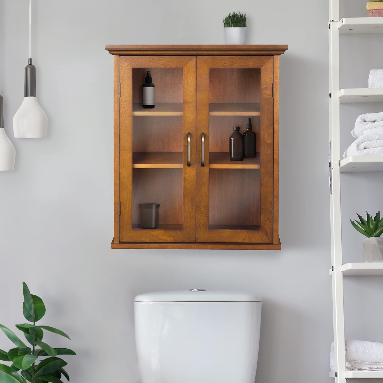 Wooden Over The Toilet Bathroom Removable Wall Medicine Cabinet with 2 Adjustable Shelves 3 Storage Spaces 2 Glass-Paneled Doors and Antique Brass Knobs, Oiled Oak - Image 2