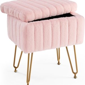 Vanity Stool Chair with Storage, Ottoman Faux Fur Soft Padded Makeup Footstools Seat with 4 Metal Legs Anti-Slip Adjustable Feet Modern Cute Small Footrest for Home Entryway Bedroom Pink
