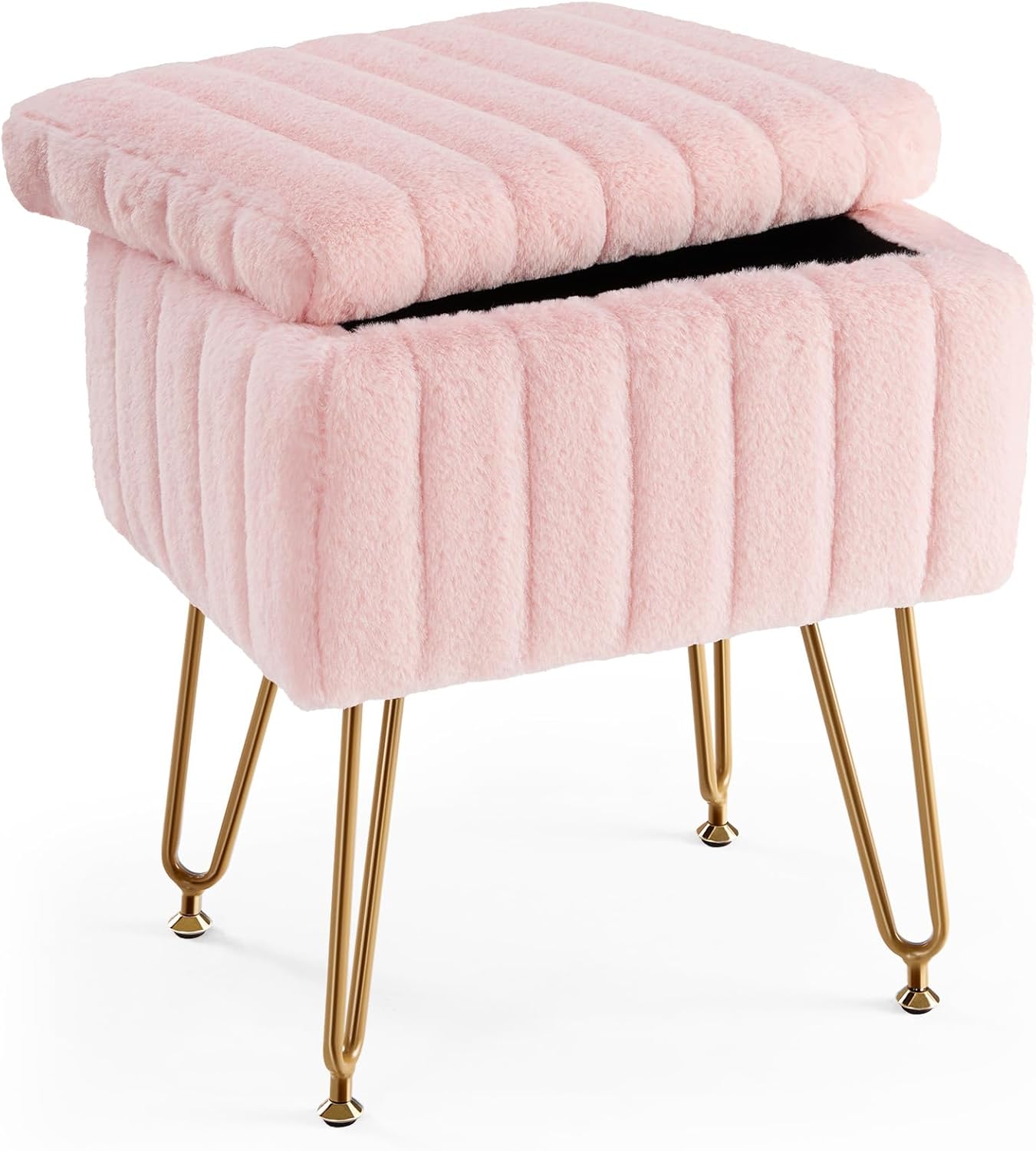 Vanity Stool Chair with Storage, Ottoman Faux Fur Soft Padded Makeup Footstools Seat with 4 Metal Legs Anti-Slip Adjustable Feet Modern Cute Small Footrest for Home Entryway Bedroom Pink