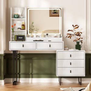 Large Vanity Desk with 3 Color Touch Screen Dimming Mirror, Vanity Desk with Charging Station, Modern Retractable Makeup Dressing Table, Vanity Table With storage shelves and 5 Sliding Drawers, White