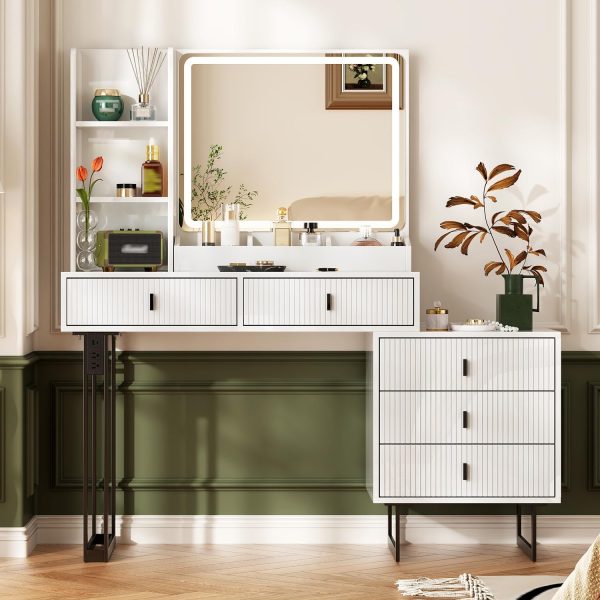 Large Vanity Desk with 3 Color Touch Screen Dimming Mirror, Vanity Desk with Charging Station, Modern Retractable Makeup Dressing Table, Vanity Table With storage shelves and 5 Sliding Drawers, White