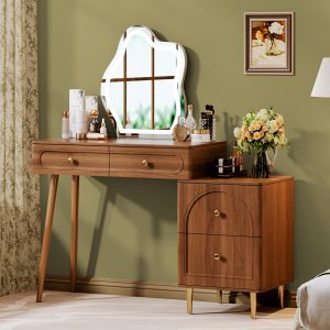 Walnut Stylish Corner Makeup Vanity Table,Vanity Desk with Lighted Mirror and 4 Spacious Drawers,Bedroom Essential Dressing Table with Nightstand,Modern Minimalist Writing Desk for Girls