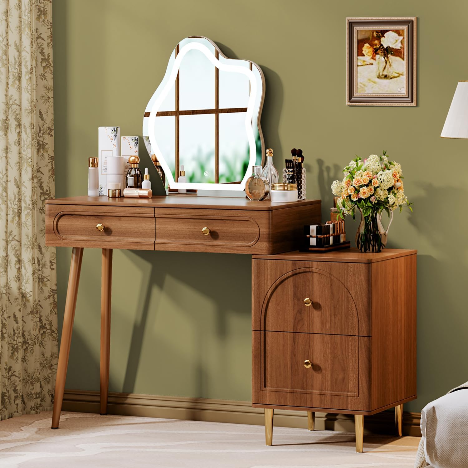 Walnut Stylish Corner Makeup Vanity Table,Vanity Desk with Lighted Mirror and 4 Spacious Drawers,Bedroom Essential Dressing Table with Nightstand,Modern Minimalist Writing Desk for Girls