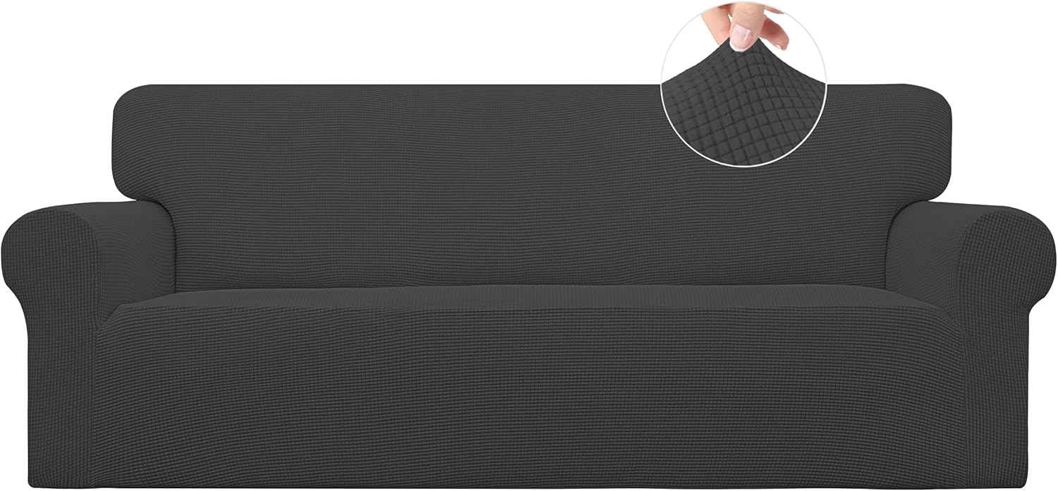 Stretch Sofa Slipcover 1-Piece Sofa Cover Furniture Protector Couch Soft with Elastic Bottom for Kids, Polyester Spandex Jacquard Fabric Small Checks (Sofa, Dark Gray)
