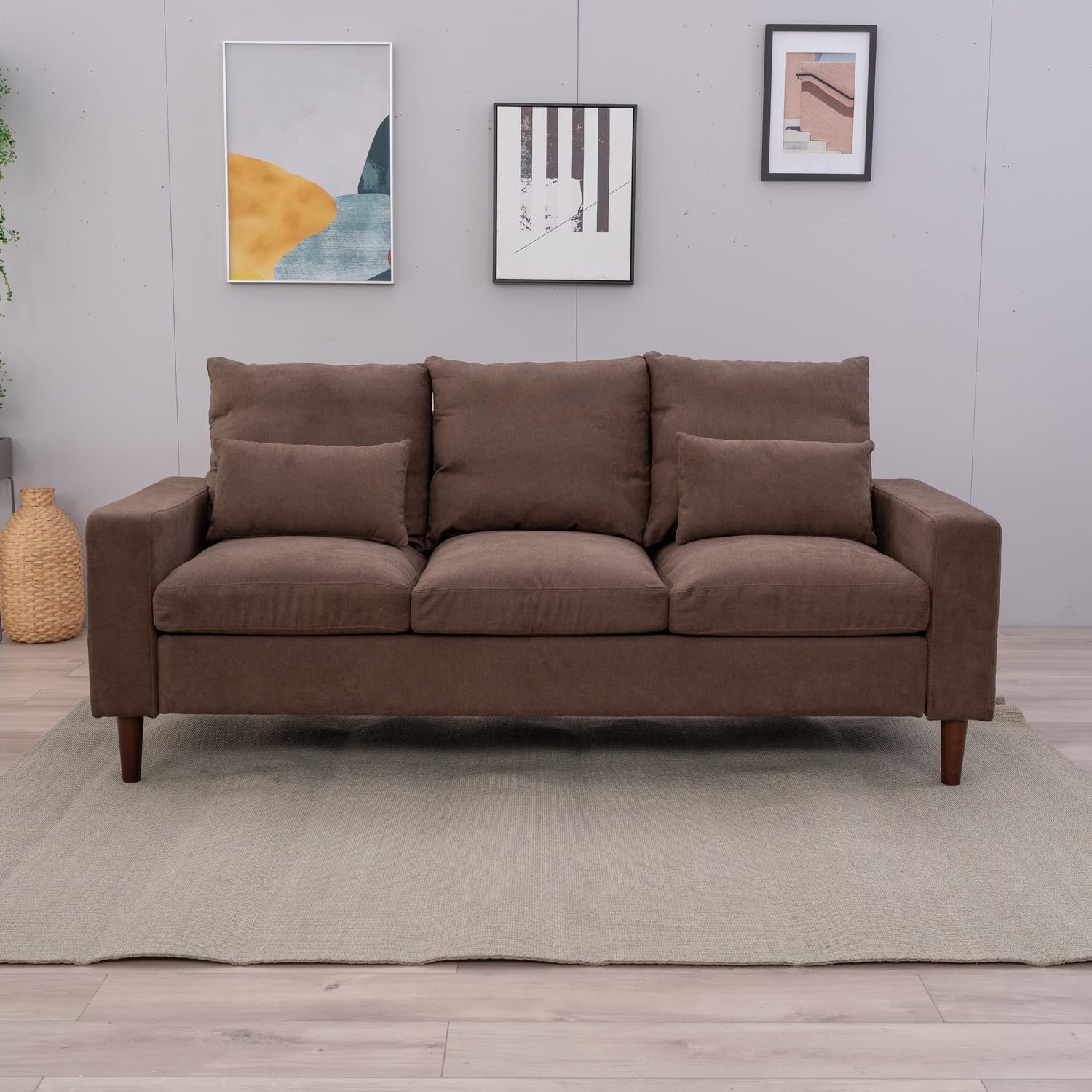 Upholstered Sofas 3 Seater for Living Room Modern Design Simple Couch, Straight Arms, Linen Fabric Upholstery, Tool-Free Assembly (Brown) - Image 2