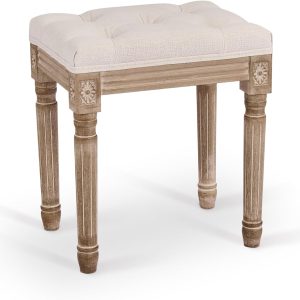 Ottoman Stool, 18.5 in High, Beige, with Padded Seat, Wood Frame, Button Tufted, for Dining, Living Room, Bedroom, Piano, Dressing, Vanity, Foot Rest