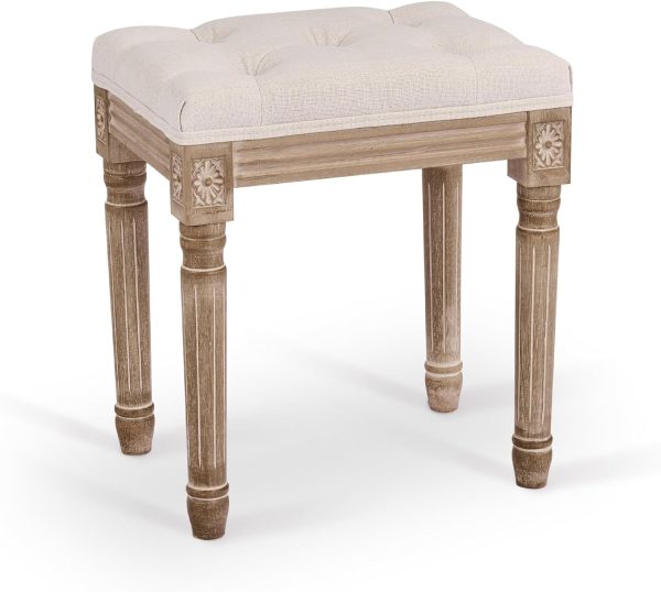 Ottoman Stool, 18.5 in High, Beige, with Padded Seat, Wood Frame, Button Tufted, for Dining, Living Room, Bedroom, Piano, Dressing, Vanity, Foot Rest