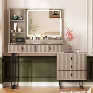 Large Vanity Desk with 3 Color Touch Screen Dimming Mirror, Vanity Desk with Charging Station, Modern Retractable Makeup Dressing Table, Makeup Table With storage shelves and 5 Sliding Drawers, Grey