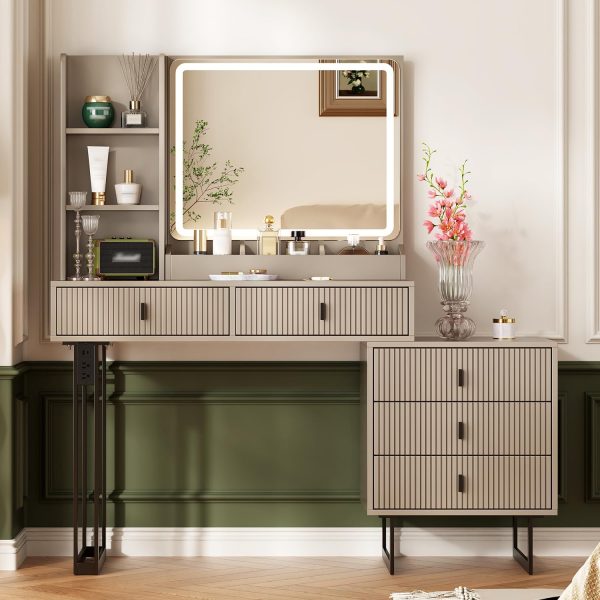 Large Vanity Desk with 3 Color Touch Screen Dimming Mirror, Vanity Desk with Charging Station, Modern Retractable Makeup Dressing Table, Makeup Table With storage shelves and 5 Sliding Drawers, Grey