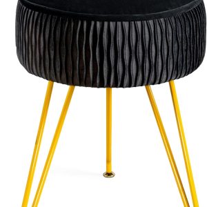 Vanity Stool for Makeup Room Bedroom, Modern Multifunctional Vanity Stools Chair Round Ottoman Velvet Upholstered Seated Foot Rest Dressing Stool with Golden Leg, Side Table End Table, Black