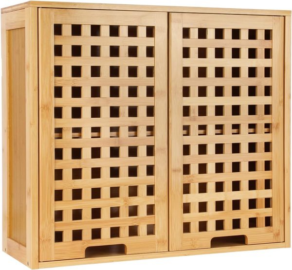 Bathroom Wall Cabinet Wall Mounted Organizer, Medicine Cabinet, Over The Toilet Storage, Bamboo Medicine Cabinets with Doors and Shelves, Wall Storage for Bathroom Kitchen Living Room