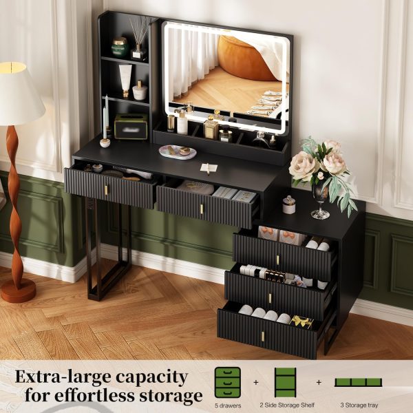Large Vanity Desk with 3 Color Touch Screen Dimming Mirror, Vanity Desk with Charging Station, Modern Retractable Makeup Dressing Table, Makeup Table With storage shelves and 5 Sliding Drawers, Black - Image 2