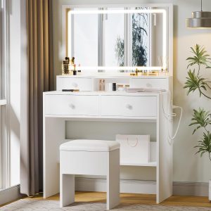 Vanity Desk with Mirror and LED Lights, White Makeup Vanity with Power Outlet, Storage Drawers and Chair, Dressing Table Set for Bedroom Dressing Room