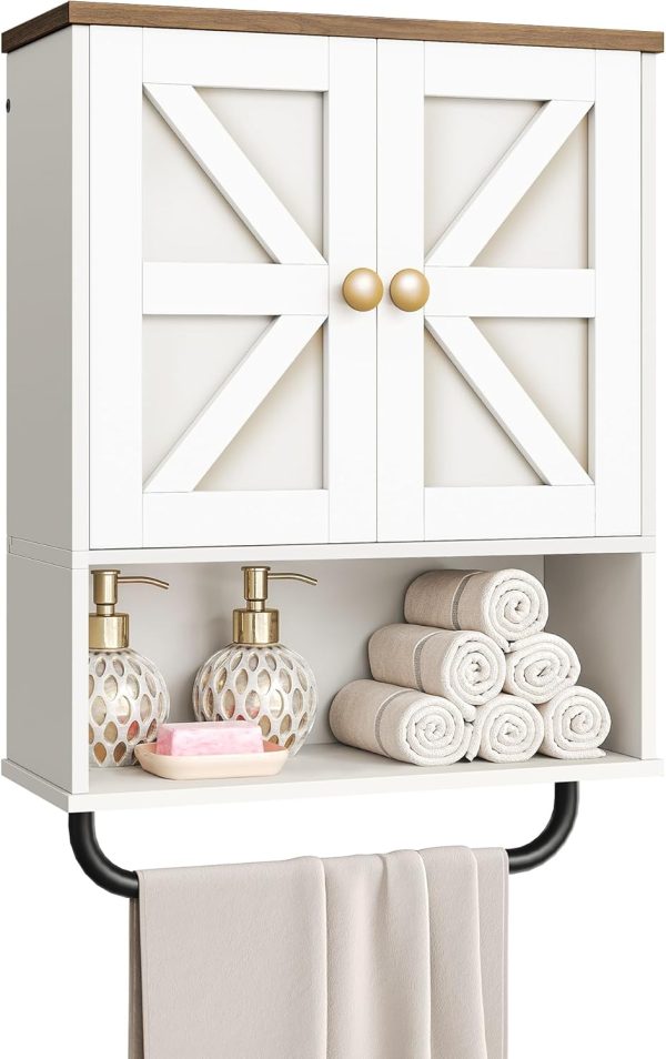 Bathroom Wall Cabinet, Medicine Cabinet with Open Partition and Towel Bar, Rustic Storage Cabinet with Open and Hidden Storage Space, for Bathroom, Living Room, Kitchen, White and Walnut