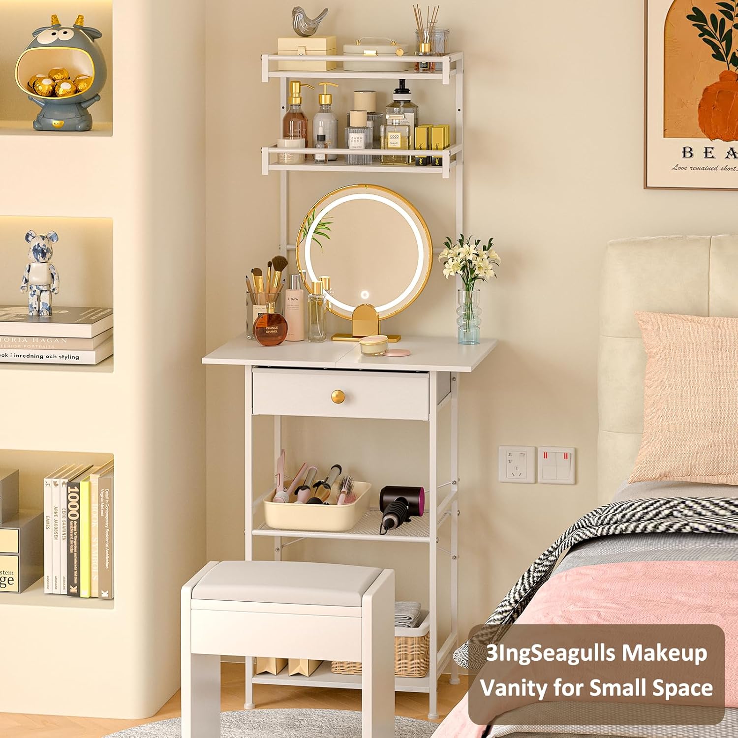 Small Vanity Desk Without Mirror, Makeup Vanity Table for Small Space, Compact White Dressing Table with Fabric Drawers, Makeup Vanity with Storage for Bedroom, White, 23.6in(W) - Image 2