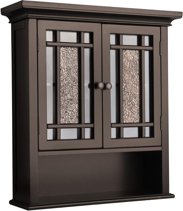 Over The Toilet Removable Wall Medicine Cabinet with 1 Fixed and 1 Adjustable Shelves 3 Storage Spaces 2 Glass Mosaic Doors and Rubbed Bronze-Finished Knobs, Dark Espresso