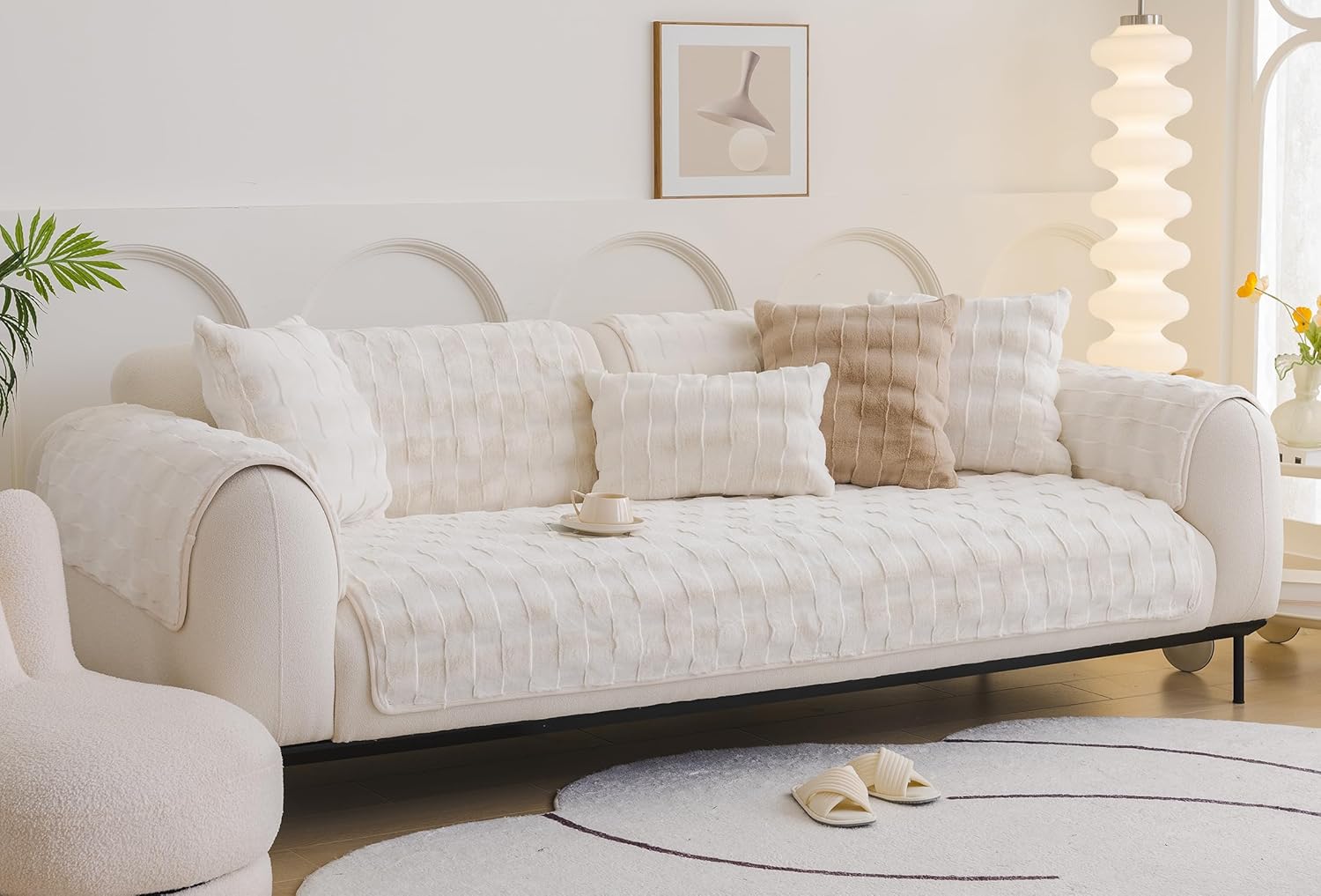 3D Fuzzy Rabbit Plush Sofa Cover Soft Fur Sectional Couch Cover Fluffy Faux Fur Cushion Cover Non-Slip Sofa Slipcovers Furry Cozy Shaggy Furniture Protector for Dogs Cats(Cream,36"x36") - Image 2