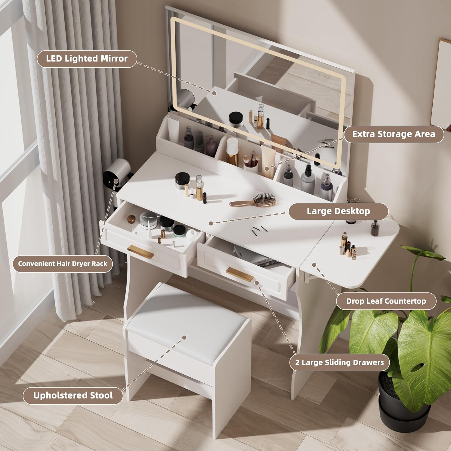 Modern White Makeup Vanity Desk with Adjustable Lights, Mirror, and Storage - Complete Vanity Set with Drawers, Shelves, and Stool - Image 2