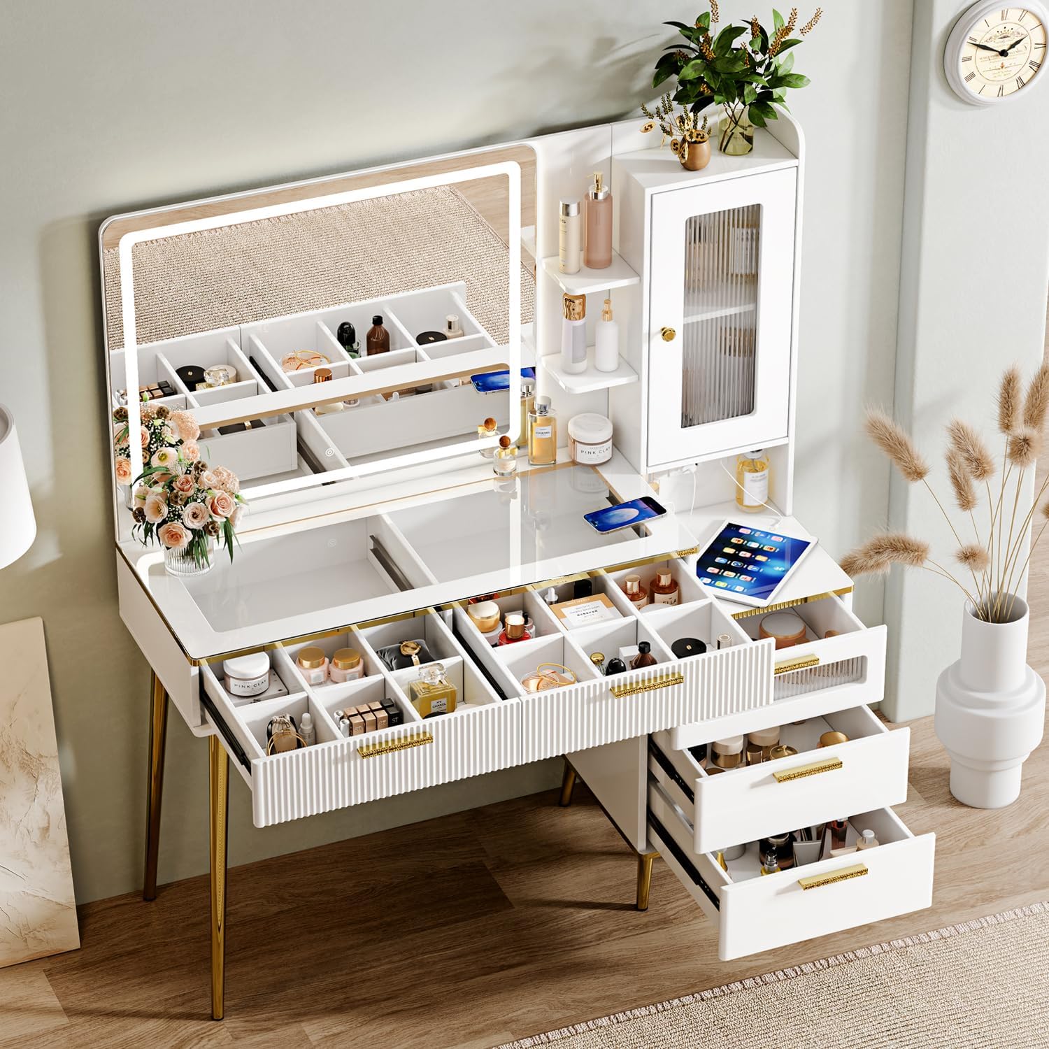 Vanity Desk with 29.53" HD Lighted Mirror, 47.24" Big Modern Vanity Desk with Mirror and Lights, Makeup Vanity with 5 Drawers and Storage Shelves and Charging Station, White - Image 2