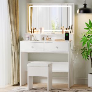 Makeup Vanity Desk with Lighted Mirror, White Vanity with Charging Station and 3 Light Modes, Dressing Table Set with 4 Drawers and Storage Chair for Women Girls Bedroom