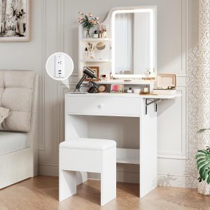 Small Vanity Desk with Mirror and Lights, Makeup Vanity with Charging Station, Compact Dressing Table Set with Storage Chair, Drawer and Shelves for Bedroom, White