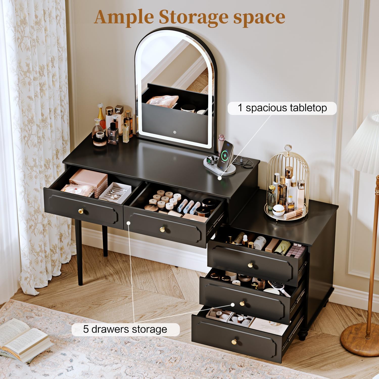 Black,Vanity Desk with Mirror and Lights,Makeup Vanity with Power Outlet and Adjustable Cabinet,Modern Makeup Table with 3 Drawers for Bedroom Makeup Room - Image 2