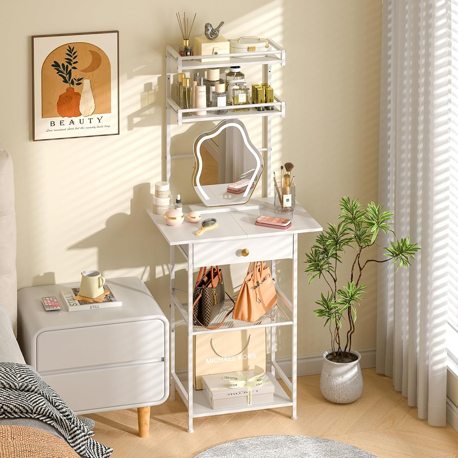 Small Vanity Desk Without Mirror, Makeup Vanity Table for Small Space, Compact White Dressing Table with Fabric Drawers, Makeup Vanity with Storage for Bedroom, White, 23.6in(W)