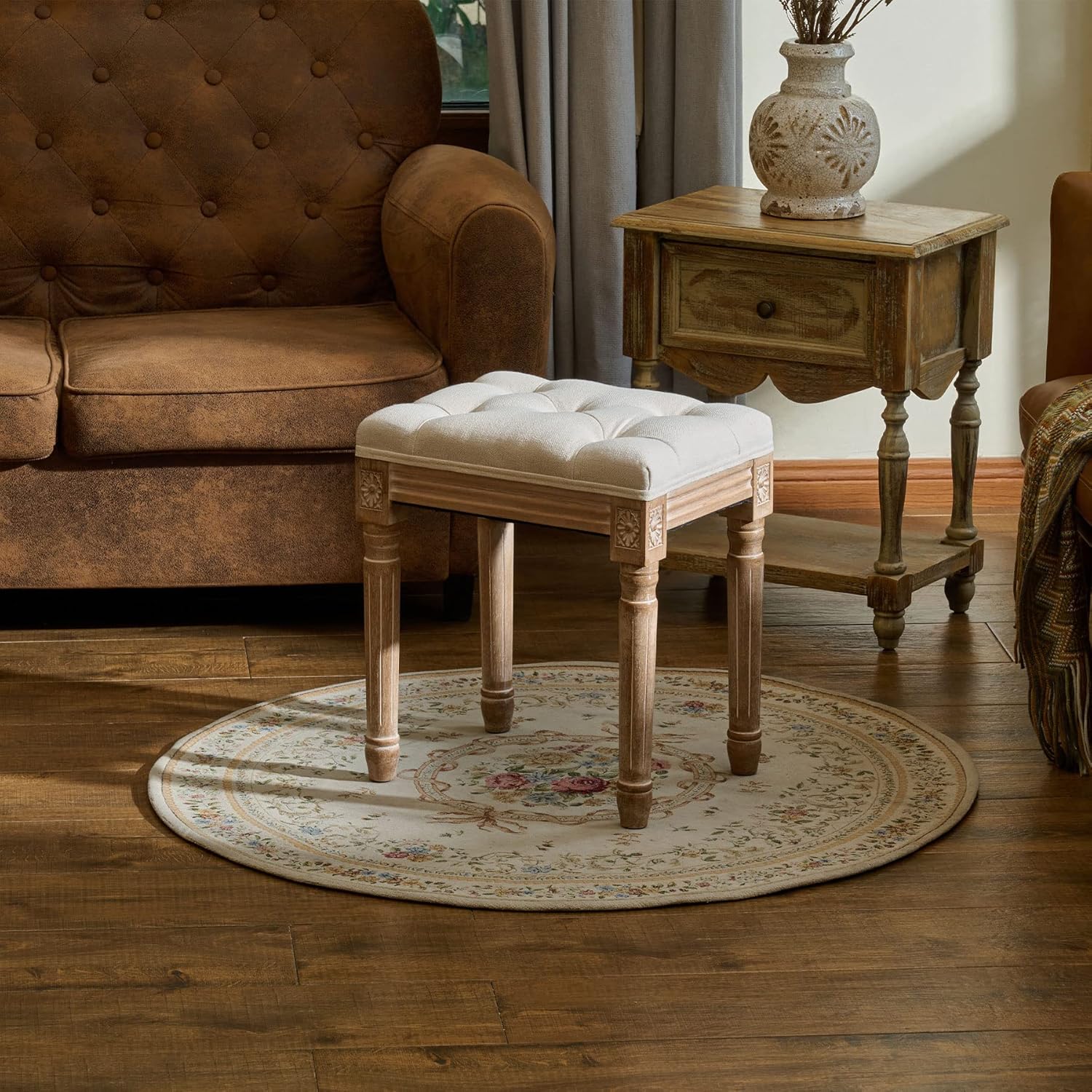 Ottoman Stool, 18.5 in High, Beige, with Padded Seat, Wood Frame, Button Tufted, for Dining, Living Room, Bedroom, Piano, Dressing, Vanity, Foot Rest - Image 2