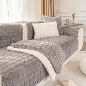 Rabbit Plush Sofa Cushion Cover, Anti-Slip Sofa Slipcover, Soft Warm Puffy Couch Covers, Washable Furniture Protector for Kids, Pets (Dark Gray, 90 * 180cm/36''x70'')
