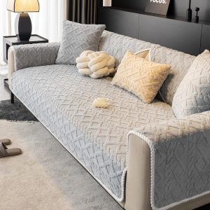 Geometric Jacquard Plush Sofa Cover,Non Slip Sectional Couch Cover,Warm Faux Fur Couch Cover(Light Grey,36"x36"/Armrest or Backrest Cover)