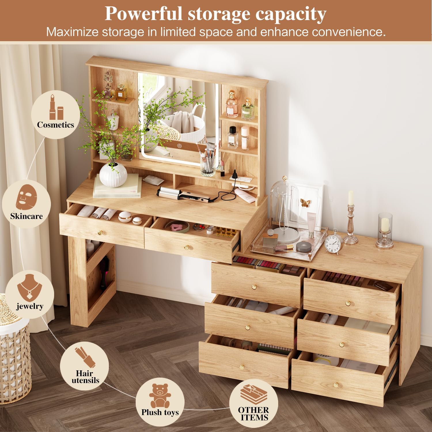 Makeup Vanity Desk with Mirror and Lights, Vanity Desk with 8 Drawers & Storage Shelves, Vanity Table with Power Outlet, 3 Color Modes & Adjustable Brightness Dressing Table, Bedroom,Oak2 - Image 2