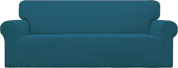 Stretch Sofa Slipcover 1-Piece Sofa Cover Furniture Protector Couch Soft with Elastic Bottom for Kids, Polyester Spandex Jacquard Fabric Small Checks (Sofa, Peacock Blue)