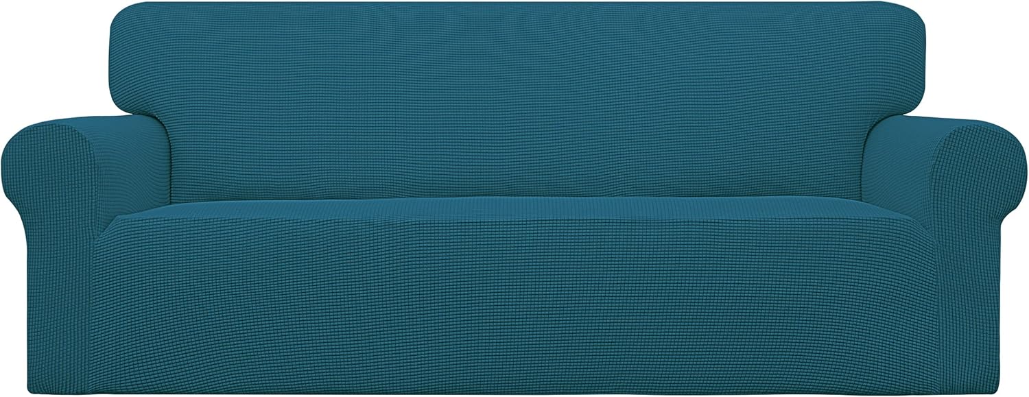 Stretch Sofa Slipcover 1-Piece Sofa Cover Furniture Protector Couch Soft with Elastic Bottom for Kids, Polyester Spandex Jacquard Fabric Small Checks (Sofa, Peacock Blue)