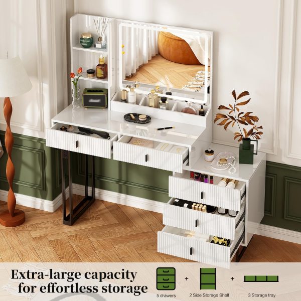Large Vanity Desk with 3 Color Touch Screen Dimming Mirror, Vanity Desk with Charging Station, Modern Retractable Makeup Dressing Table, Vanity Table With storage shelves and 5 Sliding Drawers, White - Image 2