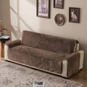 Plush Couch Cover for Sofa and Furniture, Water Resistant Slipcover, Non-Slip, Easy-to-Install, Prefect for Kids,Dogs,Cats.(Brown, Oversized Sofa)