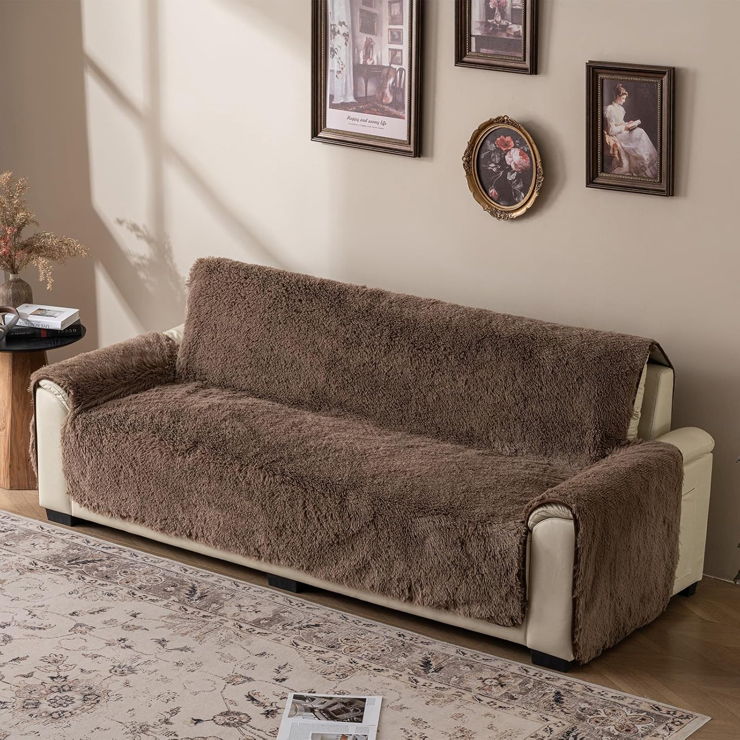 Plush Couch Cover for Sofa and Furniture, Water Resistant Slipcover, Non-Slip, Easy-to-Install, Prefect for Kids,Dogs,Cats.(Brown, Oversized Sofa)