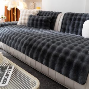 Faux Fur Couch Cover, Soft Warm Plush Sofa Couch Cover, Non Slip Sectional Sofa Slipcovers for L Shaped, Washable Furniture Protector for Kids, Dogs(Dark Gray, 36"x 83")