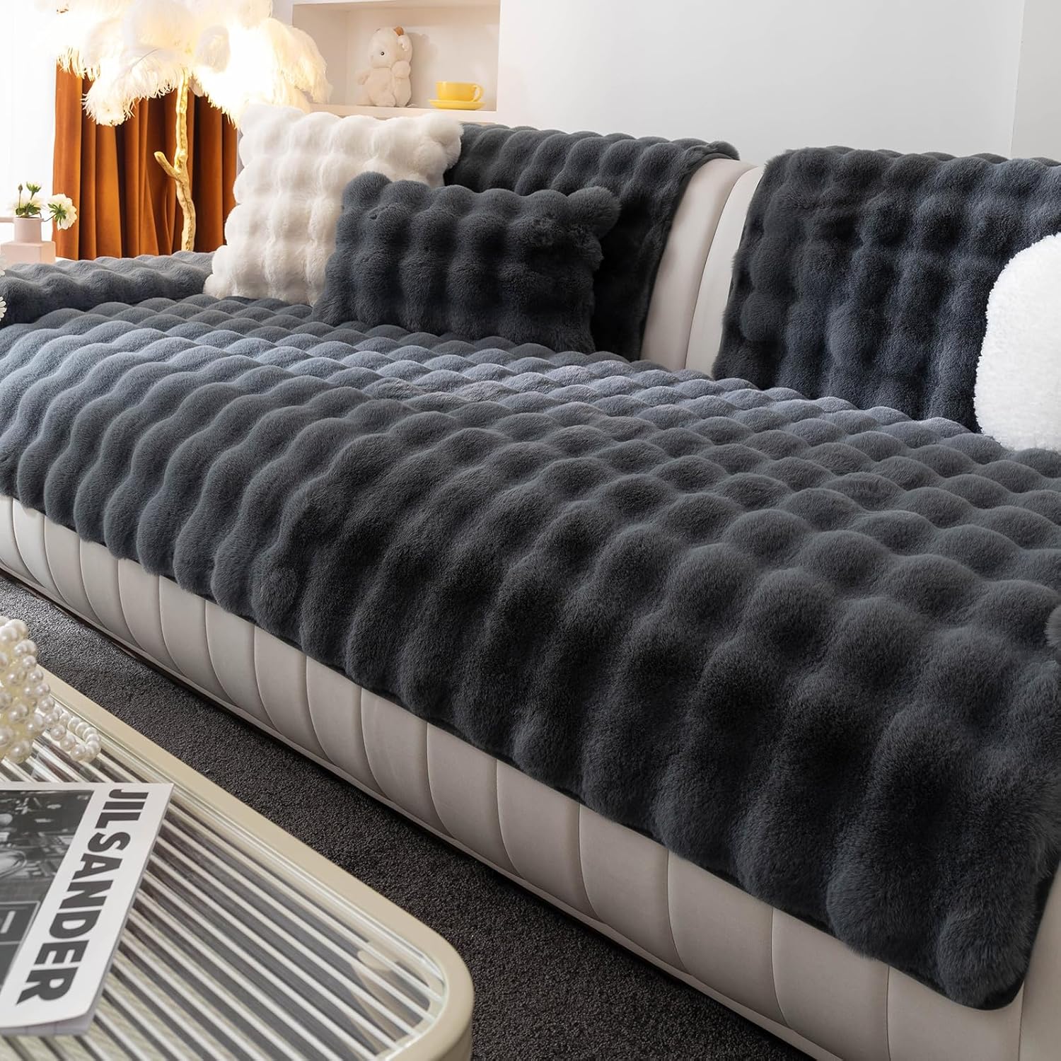 Faux Fur Couch Cover, Soft Warm Plush Sofa Couch Cover, Non Slip Sectional Sofa Slipcovers for L Shaped, Washable Furniture Protector for Kids, Dogs(Dark Gray, 36"x 83")
