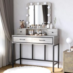 Vanity Desk with Mirror and Lights, Makeup Vanity with 3 Color Dimmable Lighted Hollywood Mirror, Light Grey Makeup Table with 4 Drawers, Large Dressing Table for Women Girls