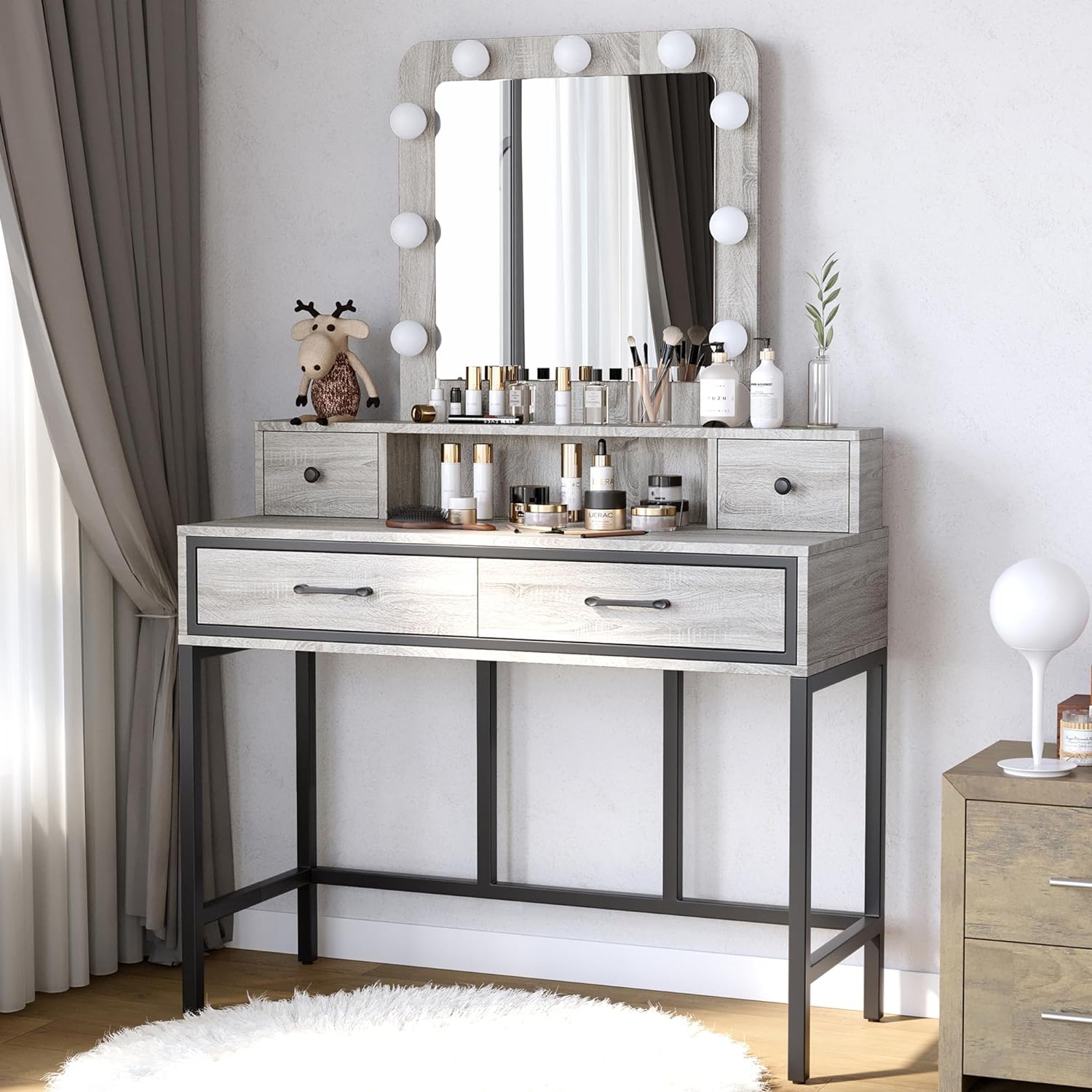 Vanity Desk with Mirror and Lights, Makeup Vanity with 3 Color Dimmable Lighted Hollywood Mirror, Light Grey Makeup Table with 4 Drawers, Large Dressing Table for Women Girls