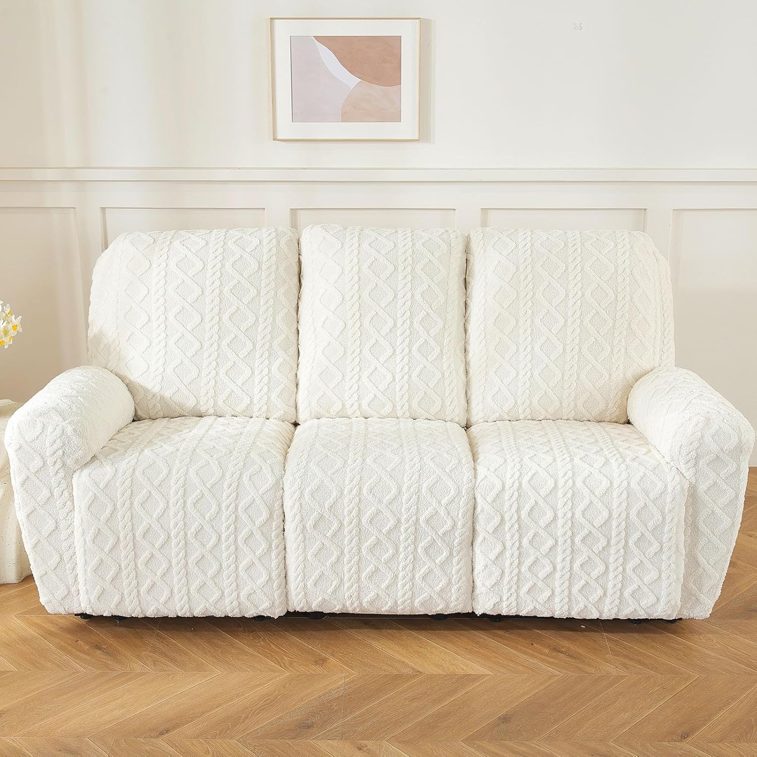 8 Pieces Geometric Jacquard Plush Recliner Sofa Covers Soft Fuzzy Fluffy 3 Seats Couch Cover Anti-Slip Sofa Slipcover Furniture Protector with Elastic Bottom for Kids Pet(Cream,3 Seat) - Image 2