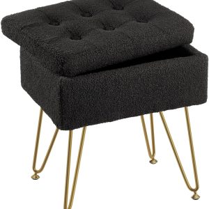 Vanity Stool Chair with Storage, Teddy Velvet Soft Ottoman, 4 Metal Legs with Anti-Slip Feet, Furry Padded Seat, Multifunctional Stool for Makeup, Footstool, Bedroom, Black