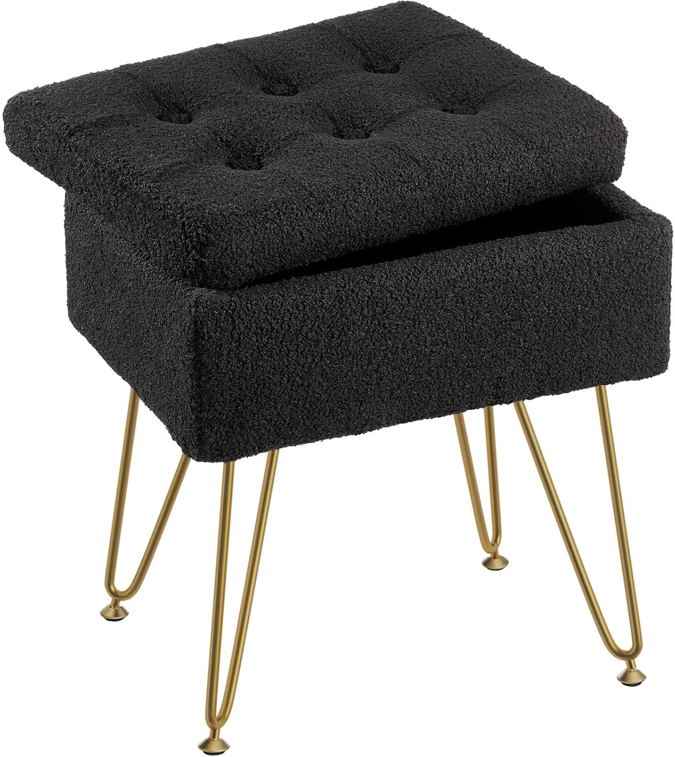 Vanity Stool Chair with Storage, Teddy Velvet Soft Ottoman, 4 Metal Legs with Anti-Slip Feet, Furry Padded Seat, Multifunctional Stool for Makeup, Footstool, Bedroom, Black