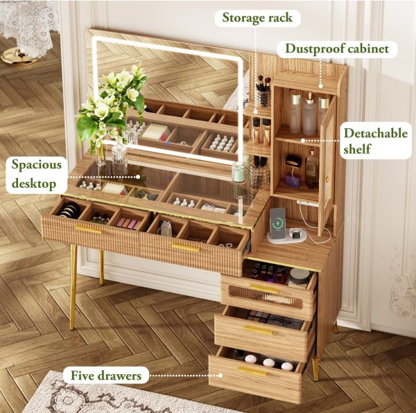 47.24" Big Modern Vanity Desk with Mirror and Lights,Makeup Vanity Desk with 5 Drawers and Storage Shelves & Power Outlet,Dressing Table with Glass Top, Oak - Image 2