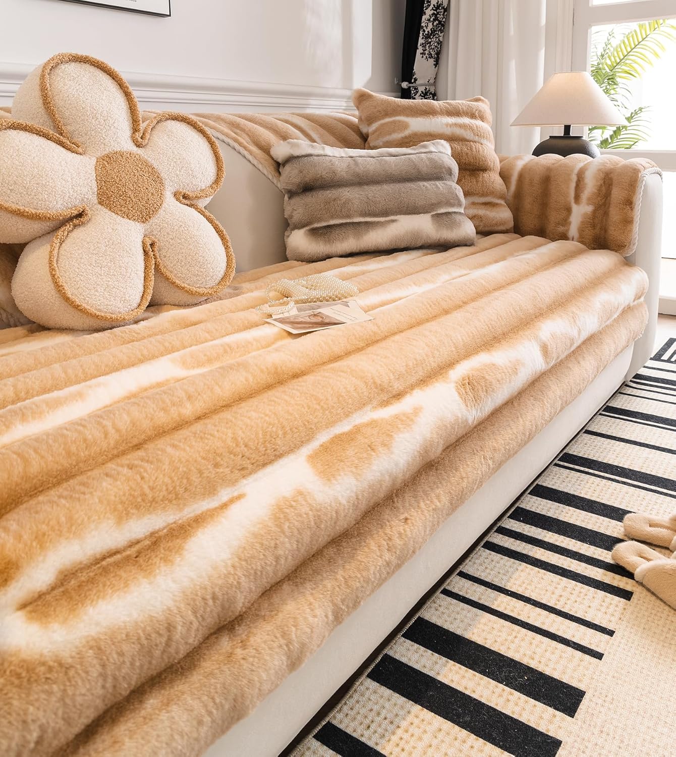 Faux Fur Gradient Color Sofa Cover Orange Ombre Thick Soft Sectional Couch Covers Fluffy Plush Fuzzy Anti-Slip Sofa Slipcover Washable Furniture Protector (Orange,36''x36'')